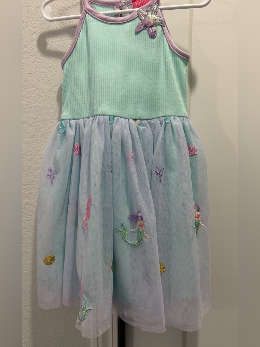 Zunie Girl Aqua Mermaid Sleeveless Pullover Tulle Dress Costume Lavender Trim 4